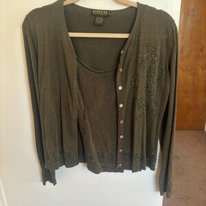 Georgiou Olive Green 2-Piece Cardigan Tank Set with Beading